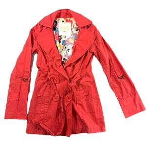 Guess Women’s XS Pink Cotton Trench Coat Floral Lined Belted Double Breasted